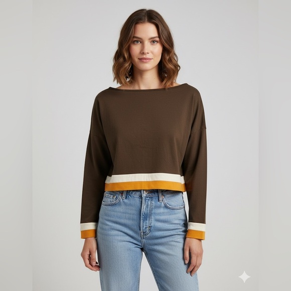 Philosophy of Paek Long Sleeve Brown Stripe Crop Top Medium - Picture 2 of 15